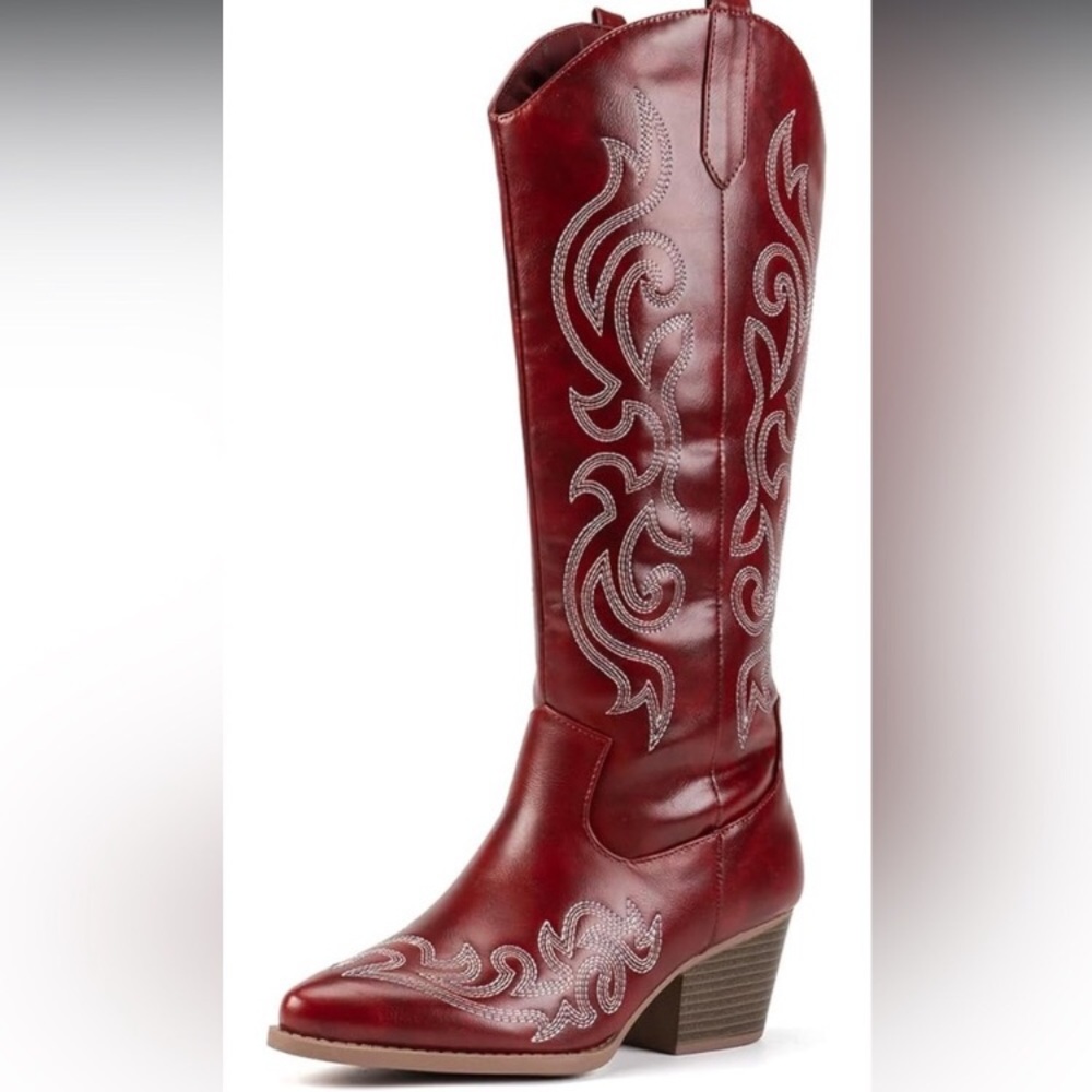 Red Embroidered Heeled Boots - Picture 4 of 8